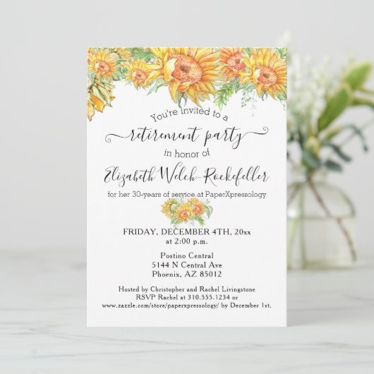 Aangepaste zonnebloemen Goed Luck Retirement Party Kaart (Staand voorkant)
