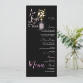 Aangepaste zwart bloemenbruiloft menu met offerte (Staand voorkant)