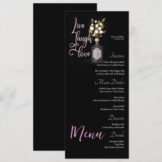 Aangepaste zwart bloemenbruiloft menu met offerte (Voorkant / Achterkant)