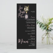 Aangepaste zwart bloemenbruiloft menu met offerte (Staand voorkant)