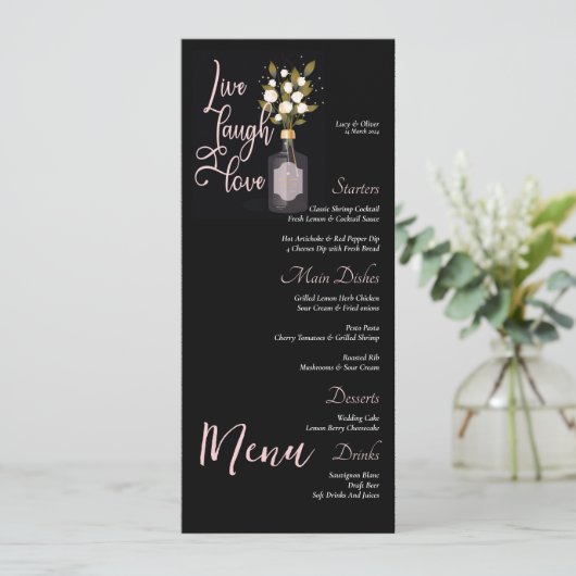 Aangepaste zwart bloemenbruiloft menu met offerte (Staand voorkant)