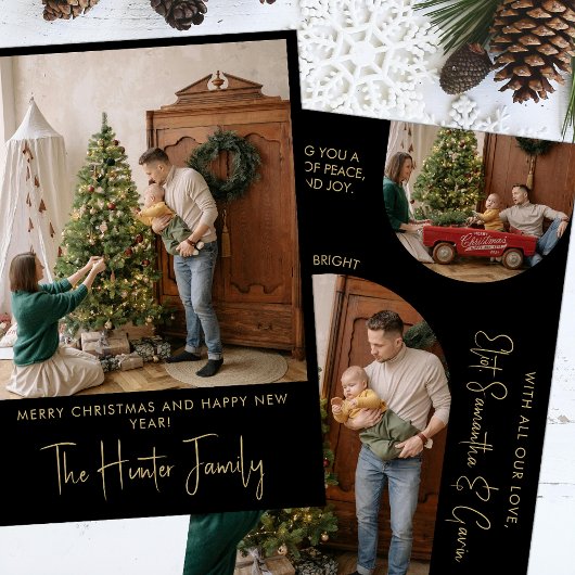 Aangepaste zwart en goud minimalistische boog fami feestdagenkaart