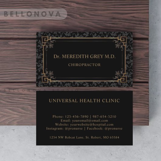 Aangepaste zwart en goudbruin bloemenmonogram visitekaartje