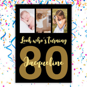 Aangepaste zwart en gouden fotocollage voor 80ste  kaart