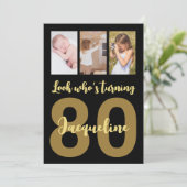 Aangepaste zwart en gouden fotocollage voor 80ste  kaart (Staand voorkant)