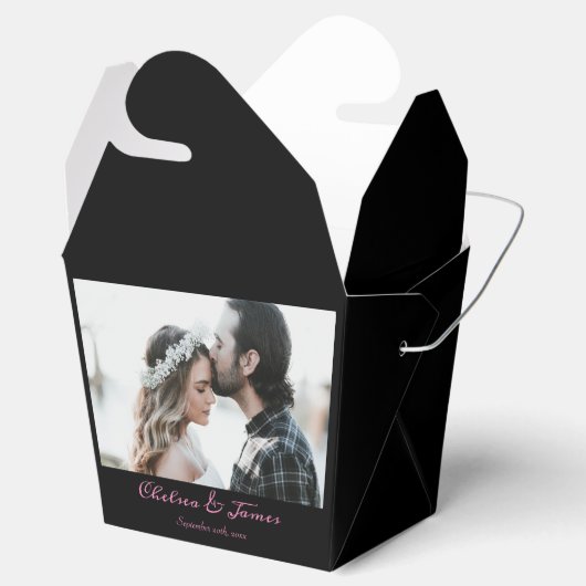 Aangepaste zwart en roze kalligrafie bruiloft foto bedankdoosjes (Geopend)