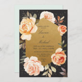 Aangepaste Zwart Goud en Rozen Perzik Bloemen Huwe Kaart (Voorkant / Achterkant)