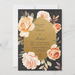 Aangepaste Zwart Goud en Rozen Perzik Bloemen Huwe Kaart