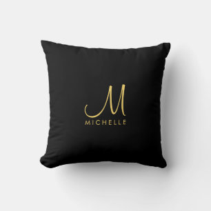 Aangepaste Zwart & Goud Typografie Monogram Naam Kussen