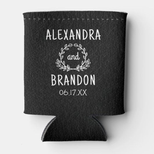Aangepaste zwart lederen print bruiloft gunst blikjeskoeler (Voorkant)