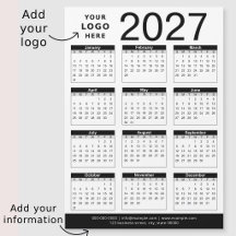 Aangepaste zwart-wit 2027 kalender & bedrijfslogo