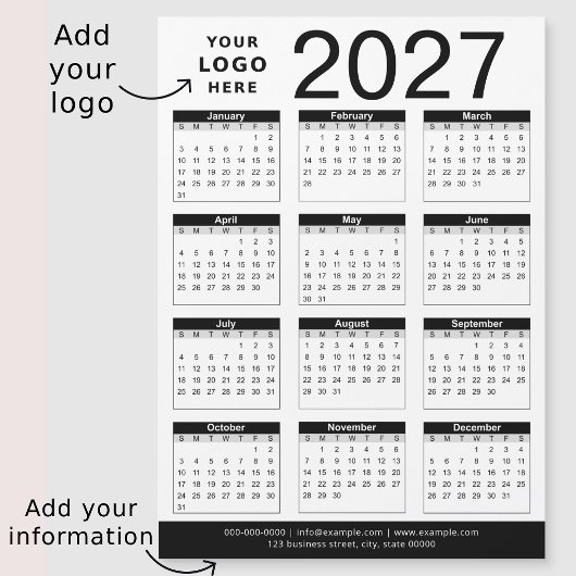 Aangepaste zwart-wit 2027 kalender & bedrijfslogo