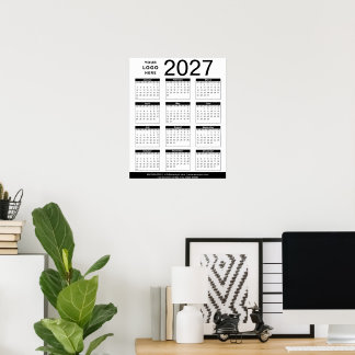 Aangepaste zwart-wit 2027 kalender & bedrijfslogo poster