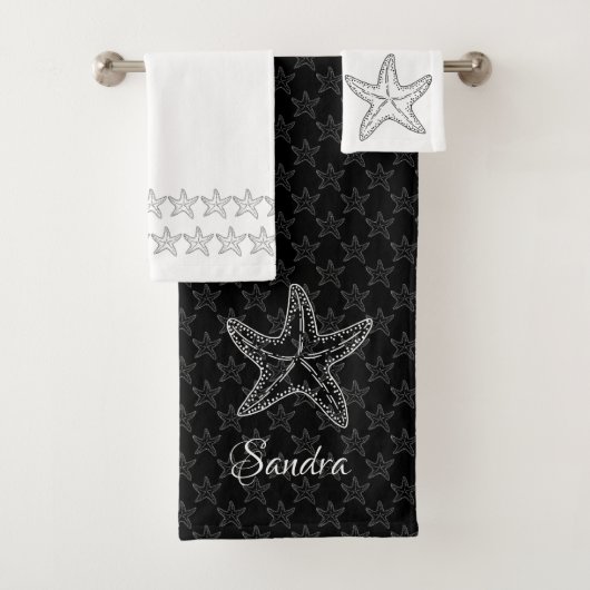 Aangepaste Zwart Wit Chic Strandhuis Starfish Bath Bad Handdoek (Insitu)