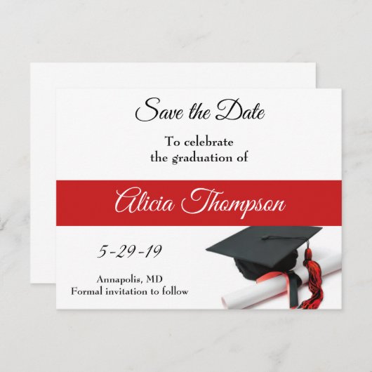 Aangepaste zwart-wit en rode klep en tassel save the date (Voorkant / Achterkant)