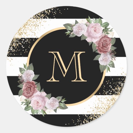 Aangepaste Zwart Wit Goud Blozend Roze Bloemige Mo Ronde Sticker (Voorkant)