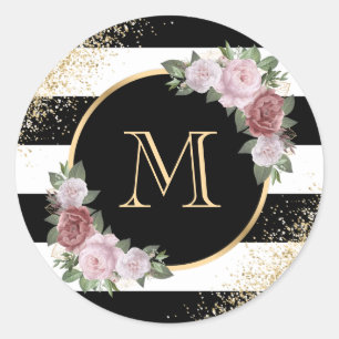 Aangepaste Zwart Wit Goud Blush Roze Bloemige Mono Ronde Sticker