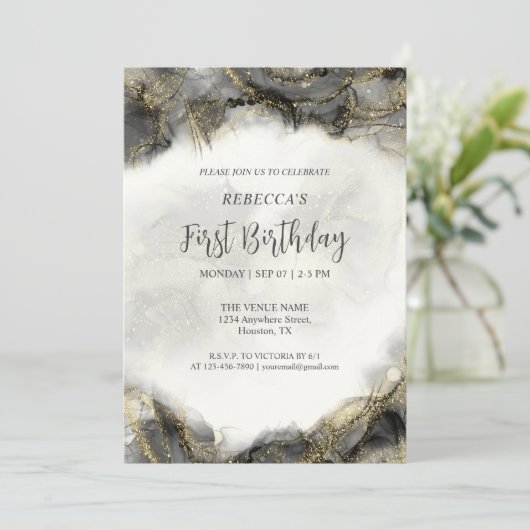 Aangepaste zwart-wit gouden marmeren glitter monog kaart (Staand voorkant)