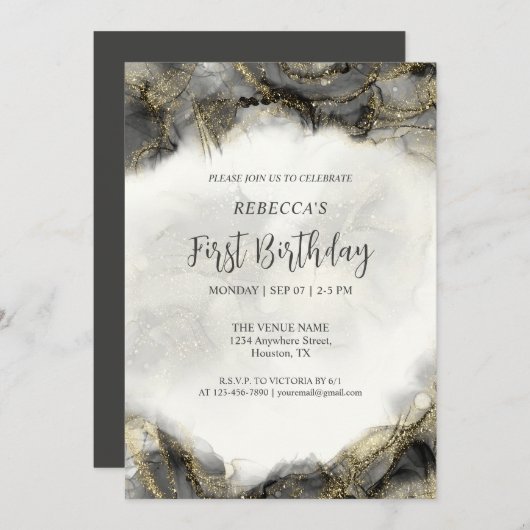 Aangepaste zwart-wit gouden marmeren glitter monog kaart (Voorkant / Achterkant)