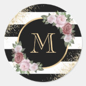 Aangepaste zwart-wit gouden roze bloemige monogram ronde sticker (Voorkant)