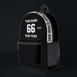 Aangepaste zwart-wit Naam, Nummer, Team Sport Bedrukte Rugzak<br><div class="desc">Creëer uw eigen aangepaste zwart-wit Sport Football stijl gedrukte rugzak met naam, nummer, teamnaam, slogan en jaar. Personaliseer deze eenvoudige klassieke sjabloon voor gedrukte rugzakken met uw aangepaste bericht, naam, teamnaam en jaar. Personaliseer het gemakkelijk voor een coole sport aandenken. Creëer Uw unieke gepersonaliseerde cadeau voor coach, jongensverjaardag, football speler,...</div>