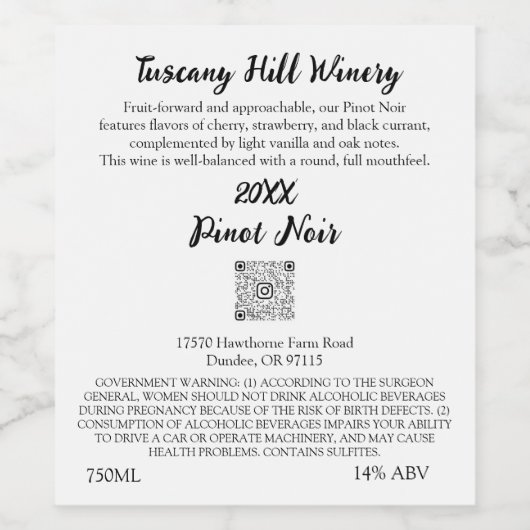 Aangepaste Zwart WitModerne QR-code LOGO Beschrijv Wijn Etiket (Enkel label)