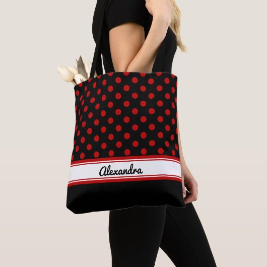 Aangepaste zwarte en rode Polka Dots Black Base Tote Bag (Dichtbij)