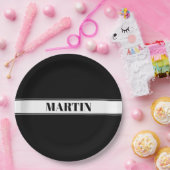 Aangepaste zwarte en witte naam Stripe Papieren Bordje (Feest)