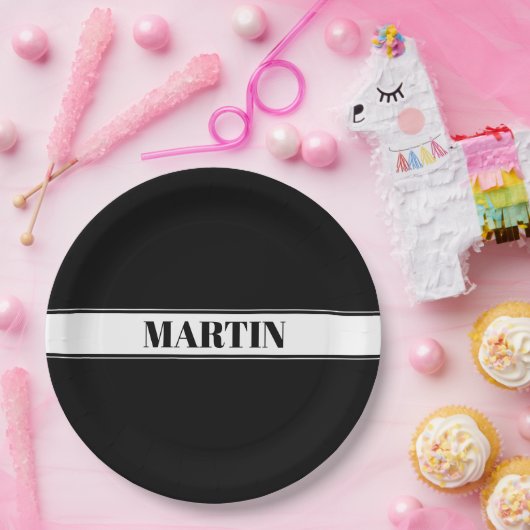 Aangepaste zwarte en witte naam Stripe Papieren Bordje (Feest)