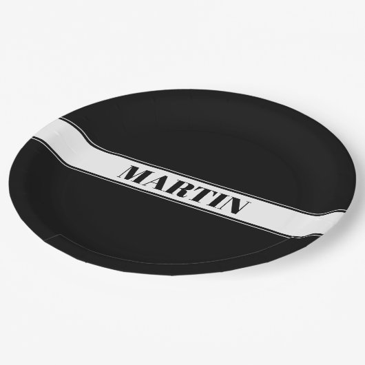 Aangepaste zwarte en witte naam Stripe Papieren Bordje (Gekanteld)