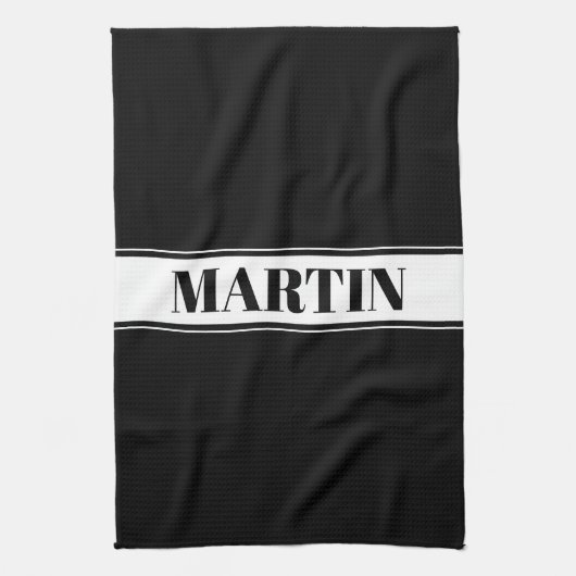 Aangepaste zwarte en witte naam Stripe Theedoek (Verticaal)