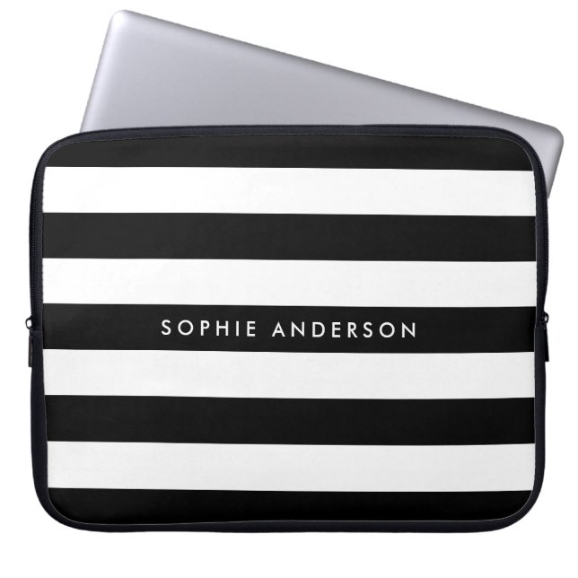 Aangepaste zwarte en witte strepen laptop sleeve (Voorkant)