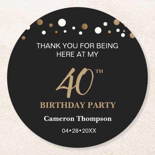 Aangepaste zwarte goudConfetti 40e verjaardag Ronde Kartonnen Onderzetter (Voorkant)