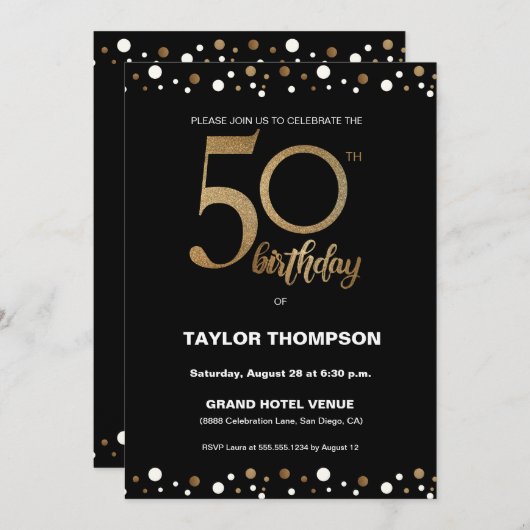 Aangepaste zwarte goudConfetti Klassieke 50e parti Kaart (Voorkant / Achterkant)