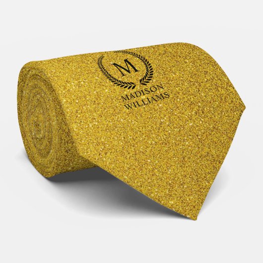 Aangepaste Zwarte Gouden en Goud Glitter Monogram Stropdas (Opgerold)
