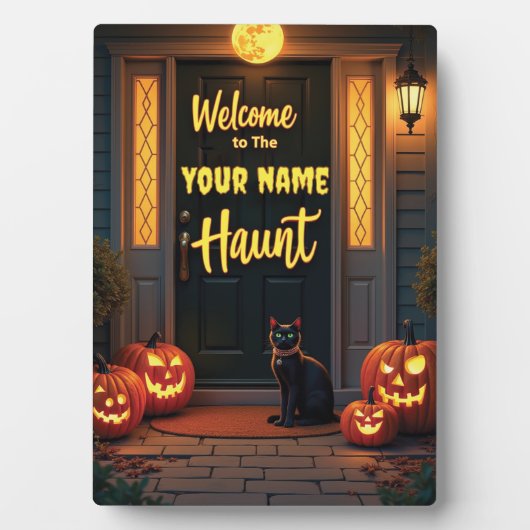 Aangepaste zwarte kat en volle maan Halloween Fotoplaat (voorkant)