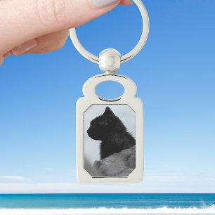 Aangepaste Zwarte Kat Foto Pet Lover Zilveren Sleu Sleutelhanger
