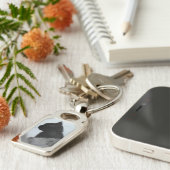 Aangepaste Zwarte Kat Foto Pet Lover Zilveren Sleu Sleutelhanger (Zijkant)