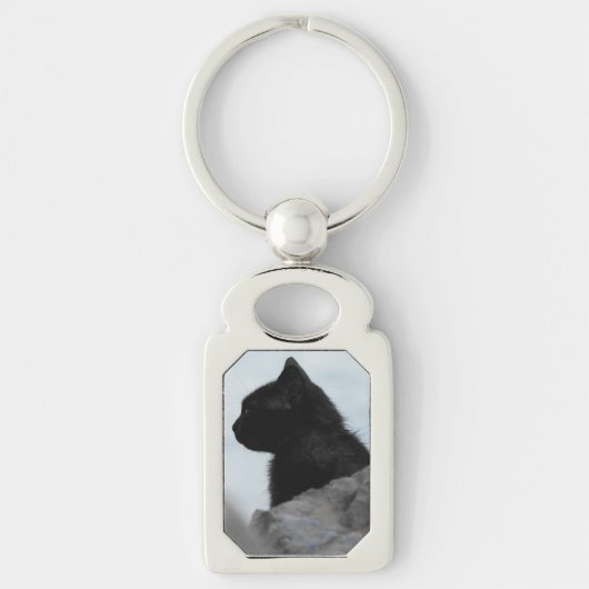 Aangepaste Zwarte Kat Foto Pet Lover Zilveren Sleu Sleutelhanger (Voorkant)