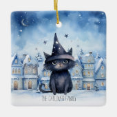 Aangepaste Zwarte Kat Winter Familie Kerstvakantie Keramisch Ornament (Voorkant)