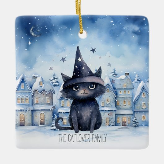 Aangepaste Zwarte Kat Winter Familie Kerstvakantie Keramisch Ornament (Voorkant)