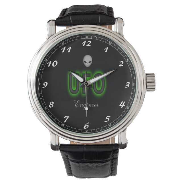 Aangepaste zwarte  leder Bekijk UFO-technicus Horloge (Voorkant)