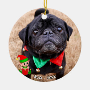 Aangepaste Zwarte Pug Hond Foto met Aardige Elf Keramisch Ornament