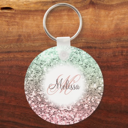 Aangepaste zwarte roze groene glitter-monogram naa sleutelhanger (Voorkant)