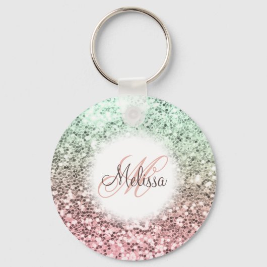 Aangepaste zwarte roze groene glitter-monogram naa sleutelhanger (Achterkant)