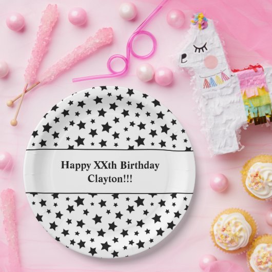 Aangepaste zwarte sterren met bericht verjaardagsf papieren bordje (Feest)
