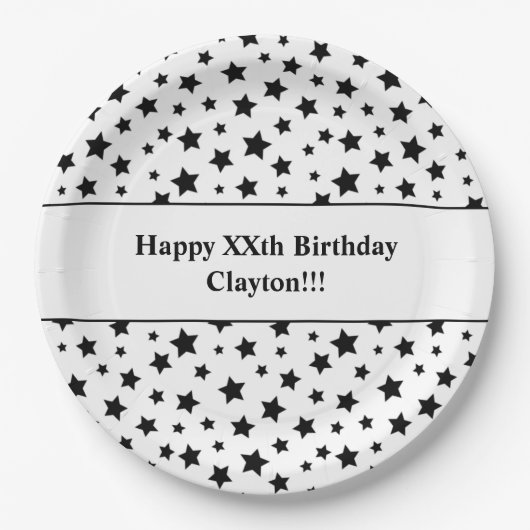 Aangepaste zwarte sterren met bericht verjaardagsf papieren bordje (Voorkant)