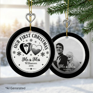 Aangepaste Zwarte Witte Elegante Eerste Kerst Foto Keramisch Ornament