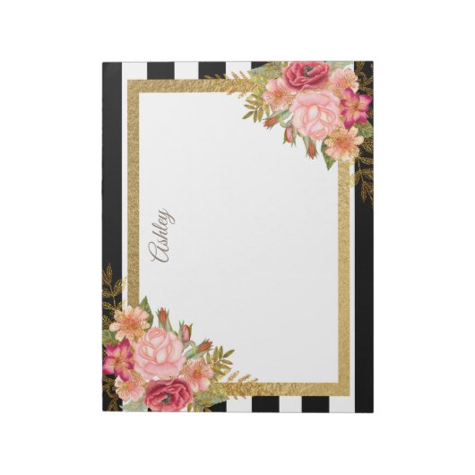 Aangepaste zwarte witte strepen Roze gouden Floral Notitieblok (Linkerzijde)