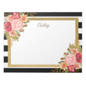 Aangepaste zwarte witte strepen Roze gouden Floral Notitieblok (Voorkant)